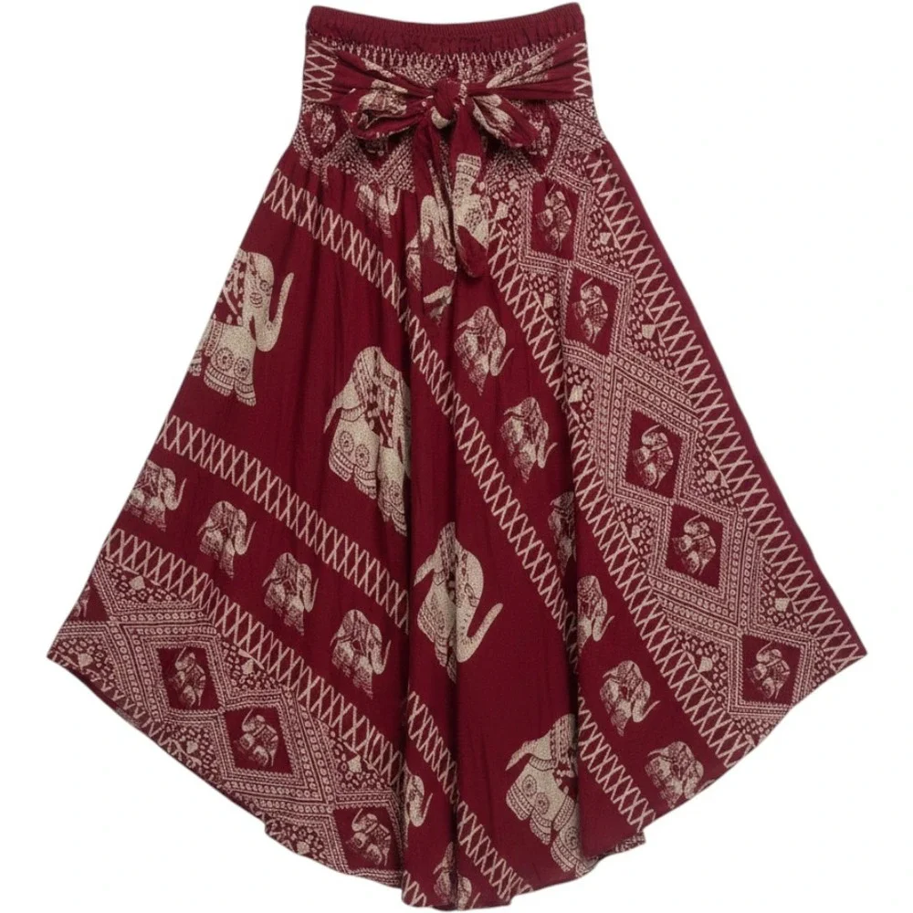 Bangkok Pants Elephant Print Skirt Women One Size Burgundy Smocked Waist Boho